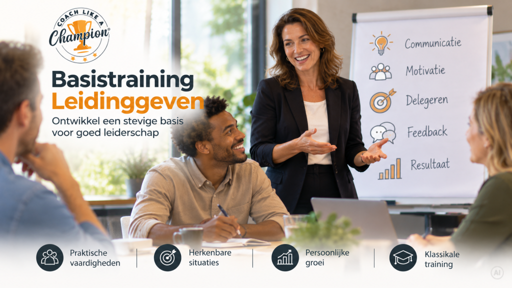 Klassikale Basistraining Leidinggeven van Coach like a Champion met cursisten die praktische leiderschapsvaardigheden ontwikkelen.